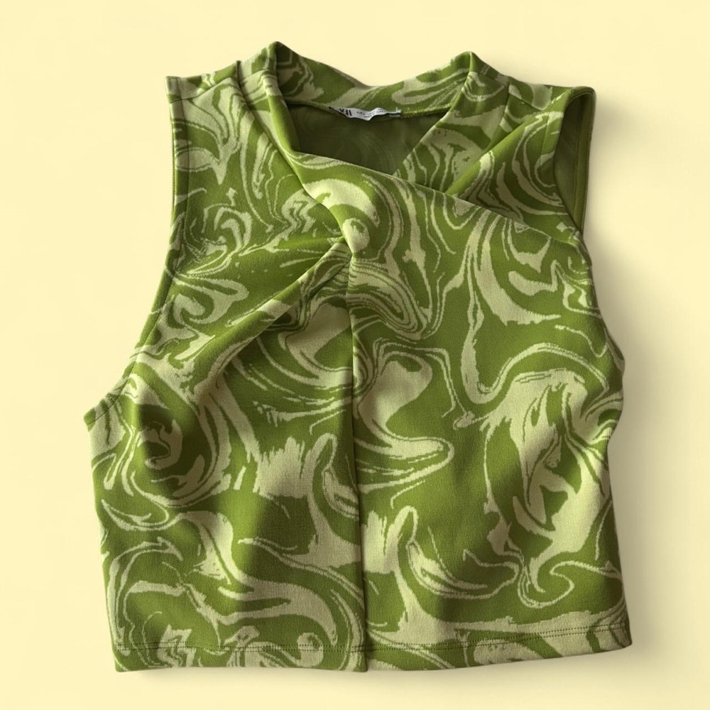 Zara Green Tie Front Crop Top with Mandarin Collar